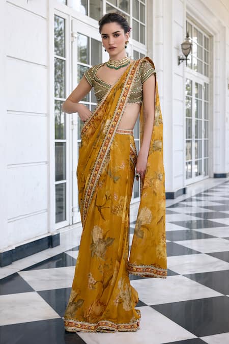 Kalista Frida Floral Print Pre-Draped Saree & Blouse Set 