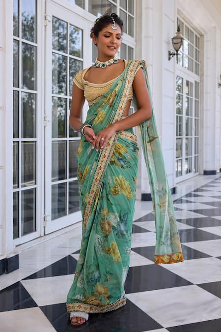 Kalista Frida Floral Print Pre-Draped Saree Set 