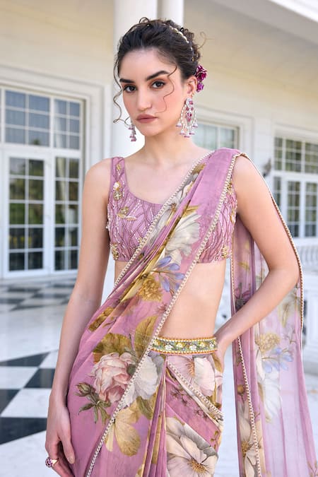 Kalista_Pink Viscose, Georgette, Net Sequins, Keisha Pre-draped Saree And Blouse Set _Online_at_Aza_Fashions