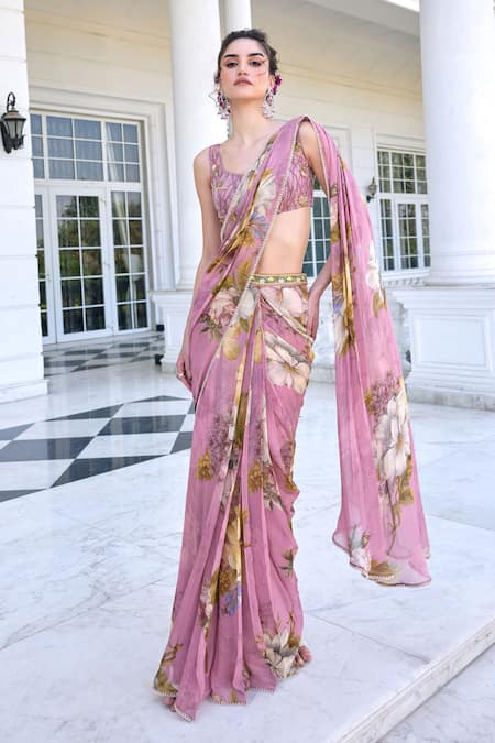 Buy_Kalista_Pink Viscose, Georgette, Net Sequins, Keisha Pre-draped Saree And Blouse Set _Online_at_Aza_Fashions