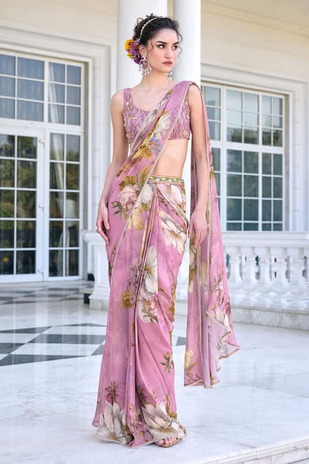 Shop_Kalista_Pink Viscose, Georgette, Net Sequins, Keisha Pre-draped Saree And Blouse Set _Online_at_Aza_Fashions