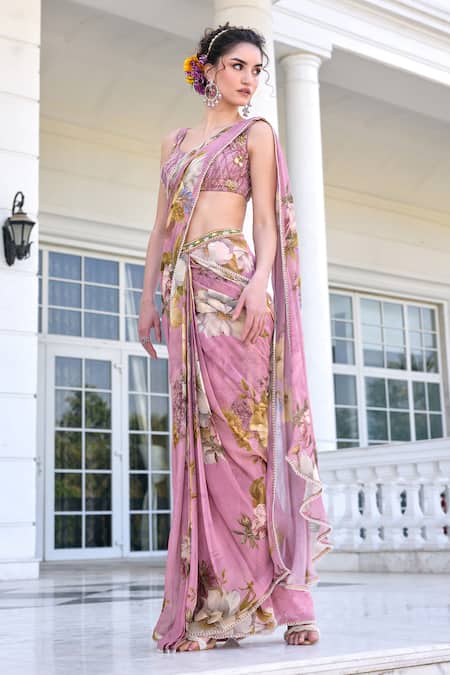 Kalista_Pink Viscose, Georgette, Net Sequins, Keisha Pre-draped Saree And Blouse Set _at_Aza_Fashions