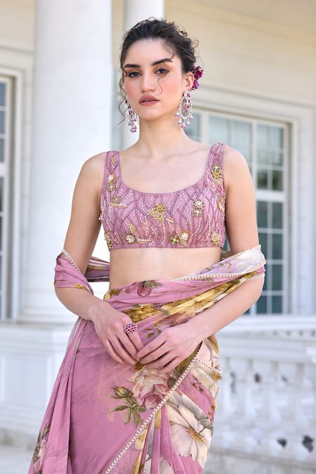 Buy_Kalista_Pink Viscose, Georgette, Net Sequins, Keisha Pre-draped Saree And Blouse Set 