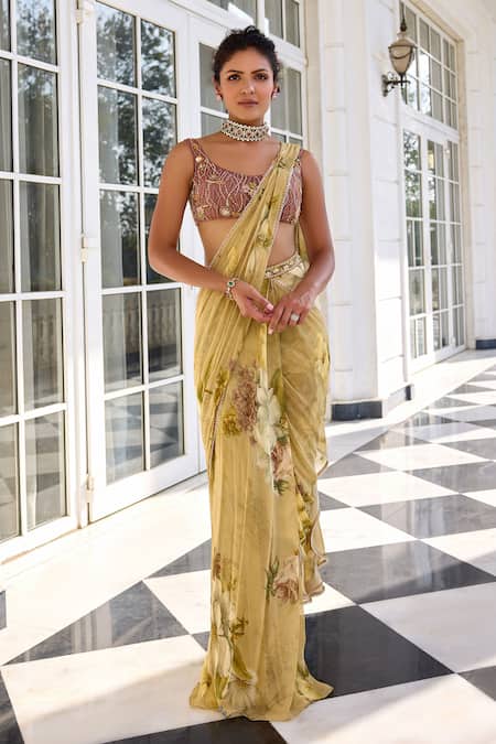 Kalista_Mauve Net, Viscose, Georgette Sequins, Beads, Keisha Pre-draped Saree Set _Online_at_Aza_Fashions