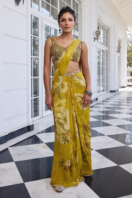 Kalista Keisha Floral Print Pre-Draped Saree Set 