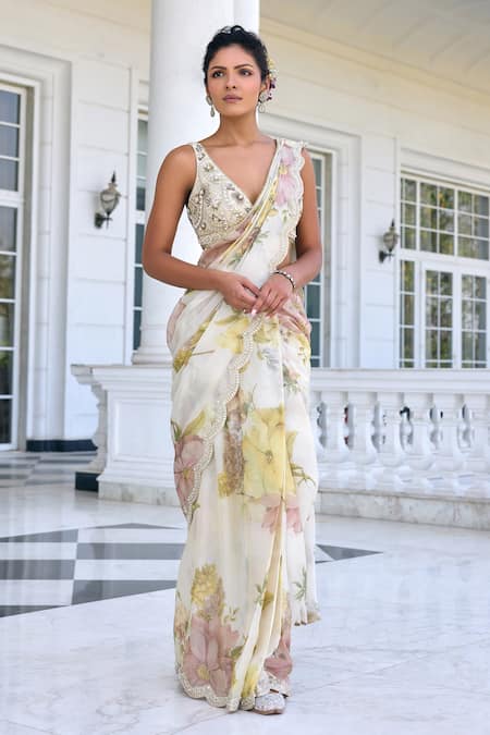 Kalista Lisa Ecru Floral Pre-Draped Saree & Blouse Set 