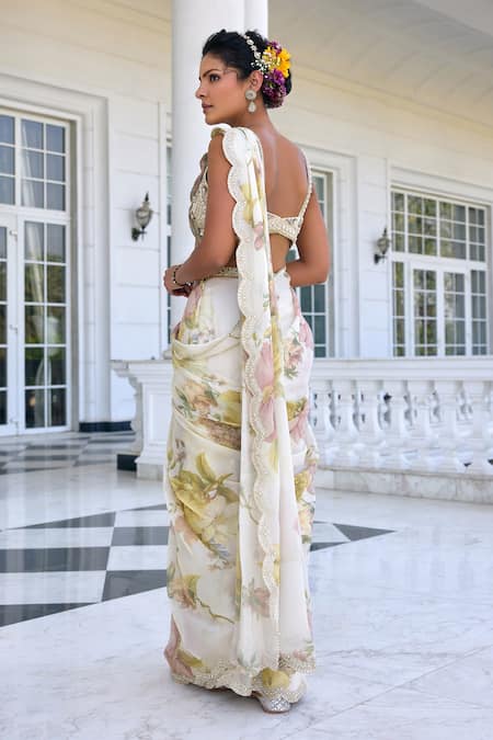 Kalista Lisa Ecru Floral Pre-Draped Saree & Blouse Set 