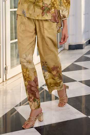 Kalista_Beige Cotton V-neck Anaisha Floral Print Slub Pant Set _Online_at_Aza_Fashions