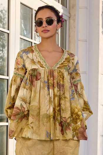 Buy_Kalista_Beige Cotton V-neck Anaisha Floral Print Slub Pant Set _Online_at_Aza_Fashions