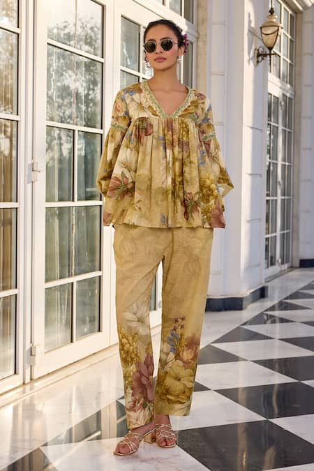 Kalista Beige Anaisha Floral Print Cotton Slub Pant Set 