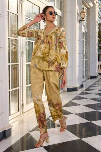 Shop_Kalista_Beige Cotton V-neck Anaisha Floral Print Slub Pant Set _Online_at_Aza_Fashions