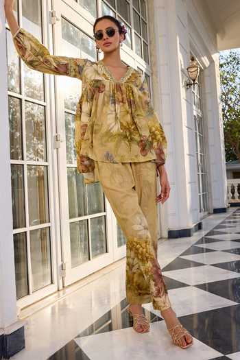 Kalista_Beige Cotton V-neck Anaisha Floral Print Slub Pant Set _at_Aza_Fashions