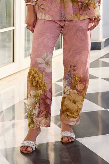 Kalista_Pink Cotton Embroidery V-neck Anaisha Floral Print Top And Pant Set _Online_at_Aza_Fashions