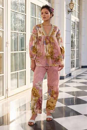 Buy_Kalista_Pink Cotton Embroidery V-neck Anaisha Floral Print Top And Pant Set _Online_at_Aza_Fashions