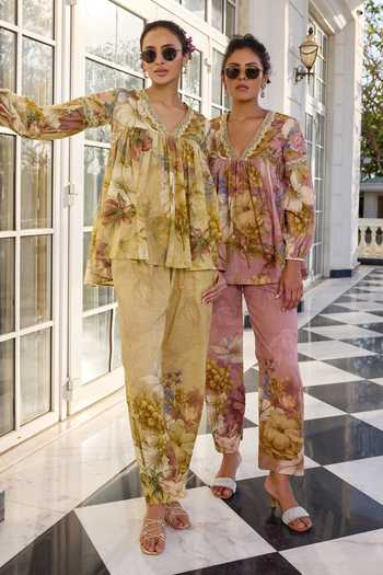 Shop_Kalista_Pink Cotton Embroidery V-neck Anaisha Floral Print Top And Pant Set _Online_at_Aza_Fashions