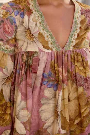 Kalista_Pink Cotton Embroidery V-neck Anaisha Floral Print Top And Pant Set _at_Aza_Fashions
