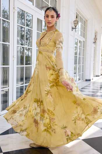 Buy Kalista Beige Viscose, Georgette Embroidery Round Tarini Floral Print Anarkali Kurta Set Online at Aza Fashions Buy_Kalista_Beige Viscose, Georgette Embroidery Round Tarini Floral Print Anarkali Kurta Set _Online_at_Aza_Fashions