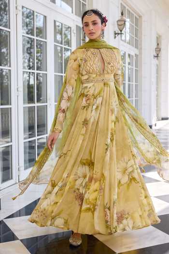 Kalista Beige Viscose, Georgette Embroidery Round Tarini Floral Print Anarkali Kurta Set at Aza Fashions Kalista_Beige Viscose, Georgette Embroidery Round Tarini Floral Print Anarkali Kurta Set _at_Aza_Fashions