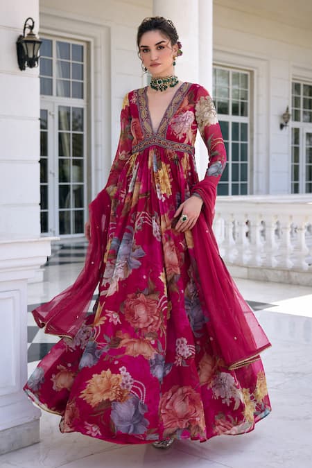 Kalista Fuchsia Kiara Floral Print Anarkali Set 