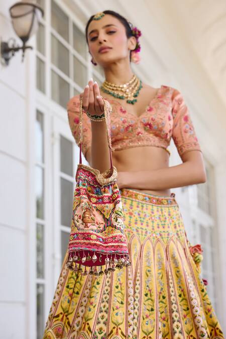 Buy_Kalista_Peach Satin, Silk Embroidery V-neck Nehmat And Yellow Lehenga Set _Online_at_Aza_Fashions