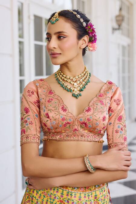 Shop_Kalista_Peach Satin, Silk Embroidery V-neck Nehmat And Yellow Lehenga Set _Online_at_Aza_Fashions