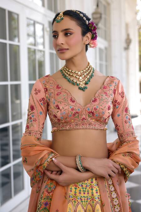 Kalista_Peach Satin, Silk Embroidery V-neck Nehmat And Yellow Lehenga Set _at_Aza_Fashions