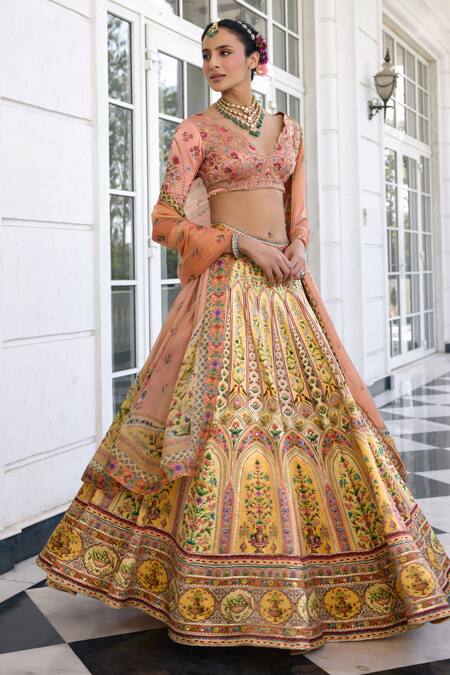Buy_Kalista_Peach Satin, Silk Embroidery V-neck Nehmat And Yellow Lehenga Set 