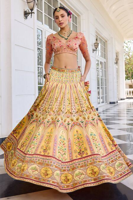 Shop_Kalista_Peach Satin, Silk Embroidery V-neck Nehmat And Yellow Lehenga Set 
