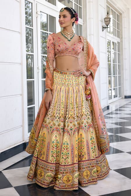 Kalista Nehmat Embroidered Peach & Yellow Lehenga Set 