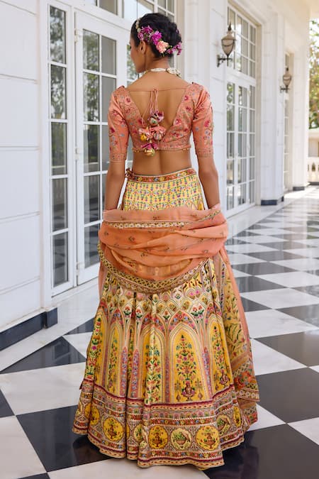 Kalista Nehmat Embroidered Peach & Yellow Lehenga Set