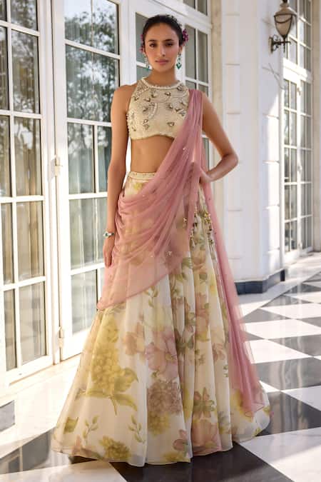 Kalista Juliette Ecru Floral Print Lehenga Set 