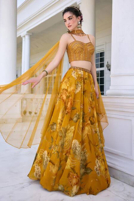 Kalista_Gold Organza, Net Sequins, Beads Sweetheart Neck Cyntia Yellow Lehenga Set _Online_at_Aza_Fashions