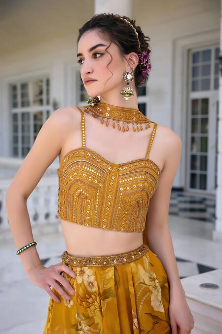Shop_Kalista_Gold Organza, Net Sequins, Beads Sweetheart Neck Cyntia Yellow Lehenga Set _Online_at_Aza_Fashions