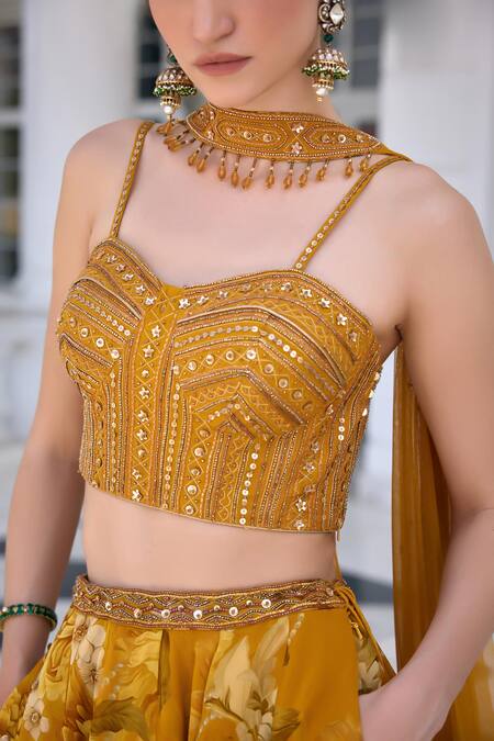Kalista_Gold Organza, Net Sequins, Beads Sweetheart Neck Cyntia Yellow Lehenga Set _at_Aza_Fashions