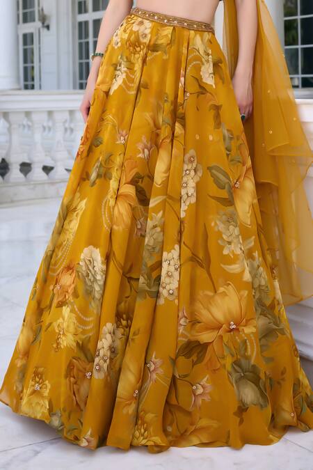 Shop_Kalista_Gold Organza, Net Sequins, Beads Sweetheart Neck Cyntia Yellow Lehenga Set 