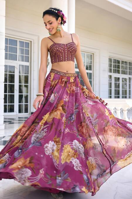 Buy_Kalista_Purple Silk, Organza, Net Sequins, Embroidery Cynthia Tyrian Lehenga Set _Online_at_Aza_Fashions