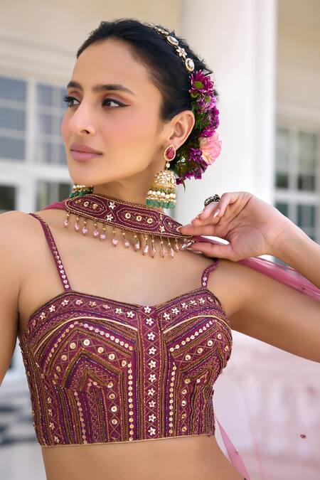 Shop_Kalista_Purple Silk, Organza, Net Sequins, Embroidery Cynthia Tyrian Lehenga Set _Online_at_Aza_Fashions