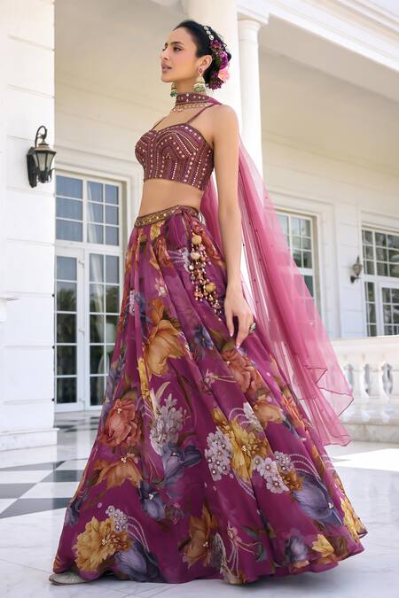Kalista_Purple Silk, Organza, Net Sequins, Embroidery Cynthia Tyrian Lehenga Set _at_Aza_Fashions