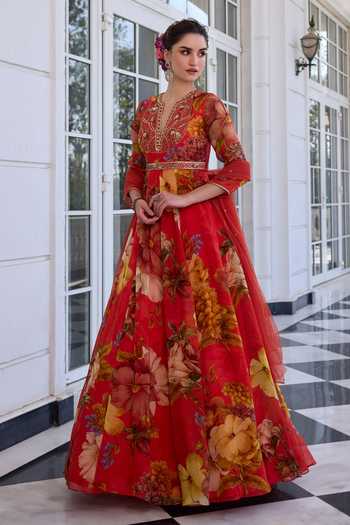 Buy_Kalista_Red Organza, Net Sequins, Embroidery V-neck Mehr Floral Anarkali Kurta Set _Online_at_Aza_Fashions