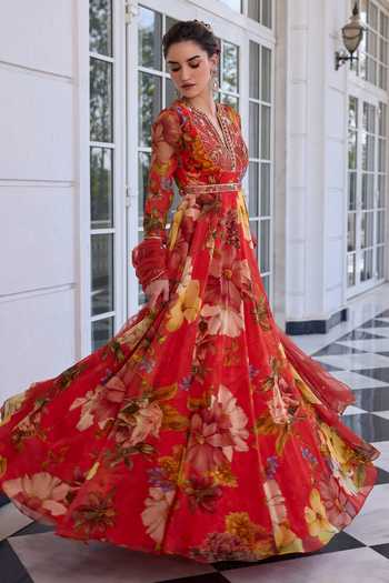 Shop_Kalista_Red Organza, Net Sequins, Embroidery V-neck Mehr Floral Anarkali Kurta Set _Online_at_Aza_Fashions