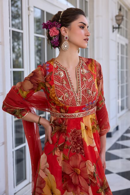 Buy Red Organza, Net Sequins, Embroidery V-neck Mehr Floral