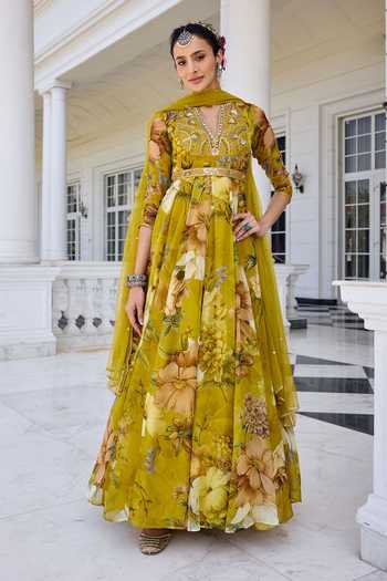 Buy_Kalista_Mustard Organza, Net Sequins, Mehr Floral Print Anarkali Set With Dupatta _Online_at_Aza_Fashions