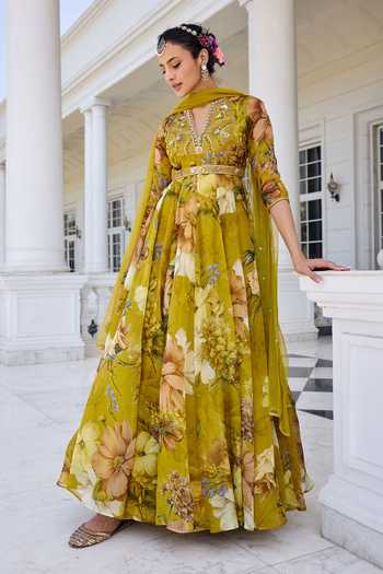 Shop_Kalista_Mustard Organza, Net Sequins, Mehr Floral Print Anarkali Set With Dupatta _Online_at_Aza_Fashions