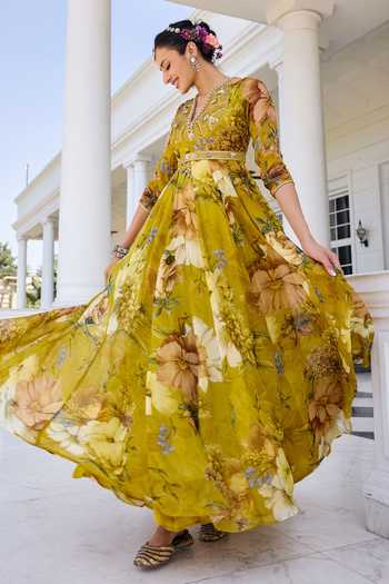 Kalista_Mustard Organza, Net Sequins, Mehr Floral Print Anarkali Set With Dupatta _at_Aza_Fashions