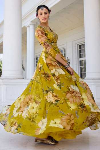 Buy_Kalista_Mustard Organza, Net Sequins, Mehr Floral Print Anarkali Set With Dupatta 