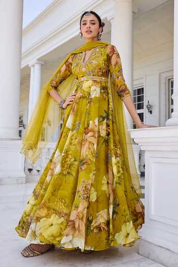 Shop_Kalista_Mustard Organza, Net Sequins, Mehr Floral Print Anarkali Set With Dupatta 