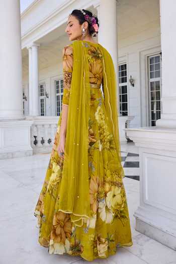 Kalista_Mustard Organza, Net Sequins, Mehr Floral Print Anarkali Set With Dupatta _Online_at_Aza_Fashions