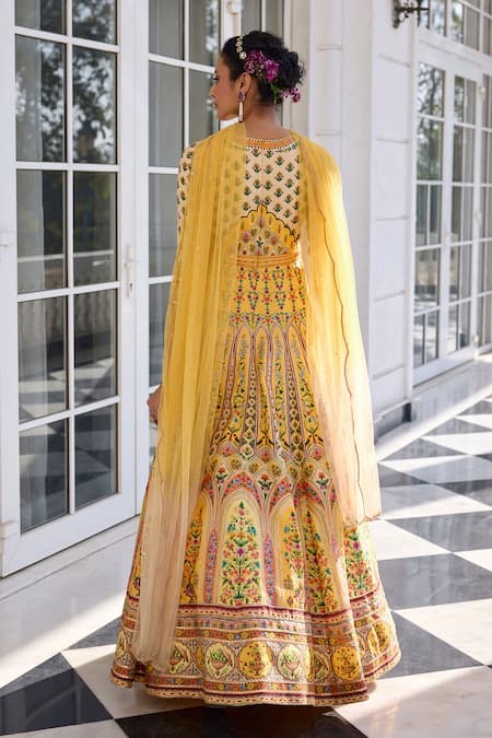 Shop Kalista Yellow Net Sequins, Embroidery Round Neck Nehmat Anarkali Set With Dupatta at Aza Fashions Shop_Kalista_Yellow Net Sequins, Embroidery Round Neck Nehmat Anarkali Set With Dupatta _at_Aza_Fashions