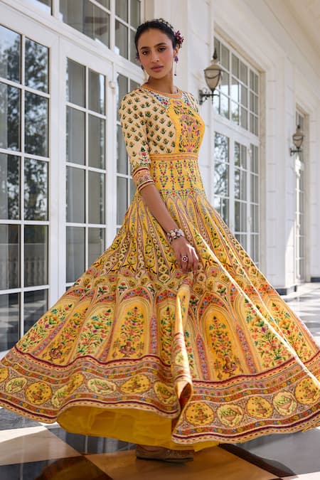 Kalista Yellow Net Sequins, Embroidery Round Neck Nehmat Anarkali Set With Dupatta Online at Aza Fashions Kalista_Yellow Net Sequins, Embroidery Round Neck Nehmat Anarkali Set With Dupatta _Online_at_Aza_Fashions
