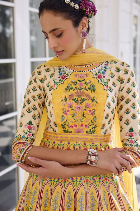 Shop Kalista Yellow Net Sequins, Embroidery Round Neck Nehmat Anarkali Set With Dupatta Online at Aza Fashions Shop_Kalista_Yellow Net Sequins, Embroidery Round Neck Nehmat Anarkali Set With Dupatta _Online_at_Aza_Fashions